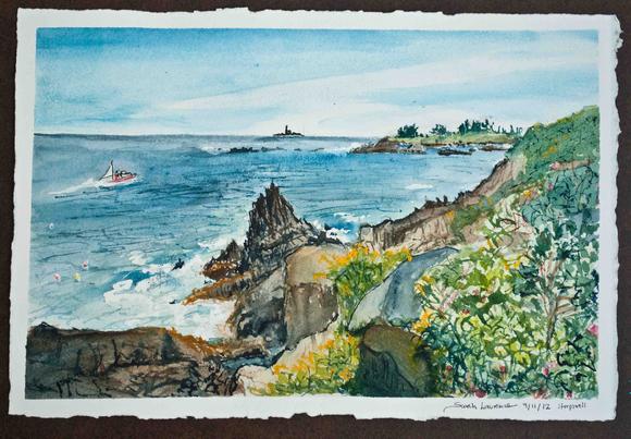 painting of lobster boat in Maine, watercolor