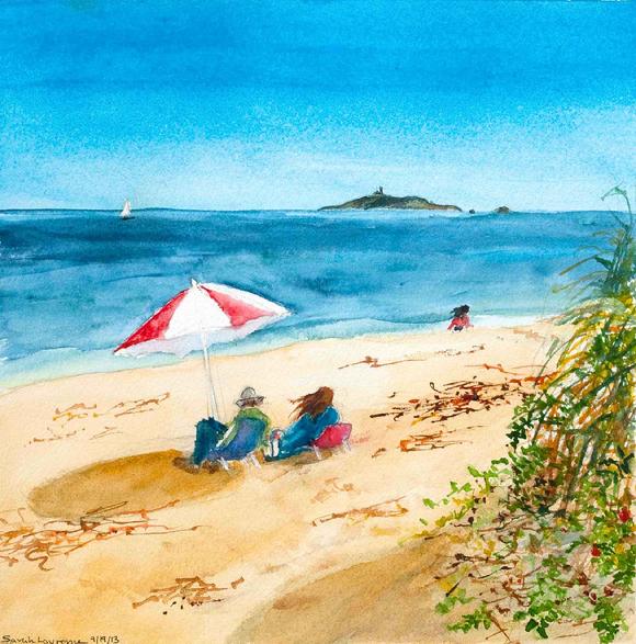 painting of people sitting under beach umbrella with view of Seguin Island, Maine watercolor