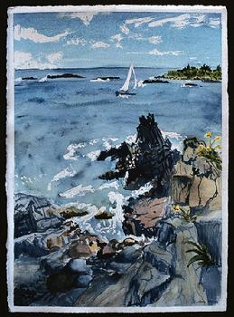 sailboat off bailey island maine watercolor by sarah laurence