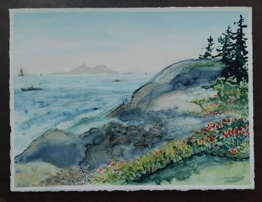 Seguin Island fog watercolor by Sarah Laurence 