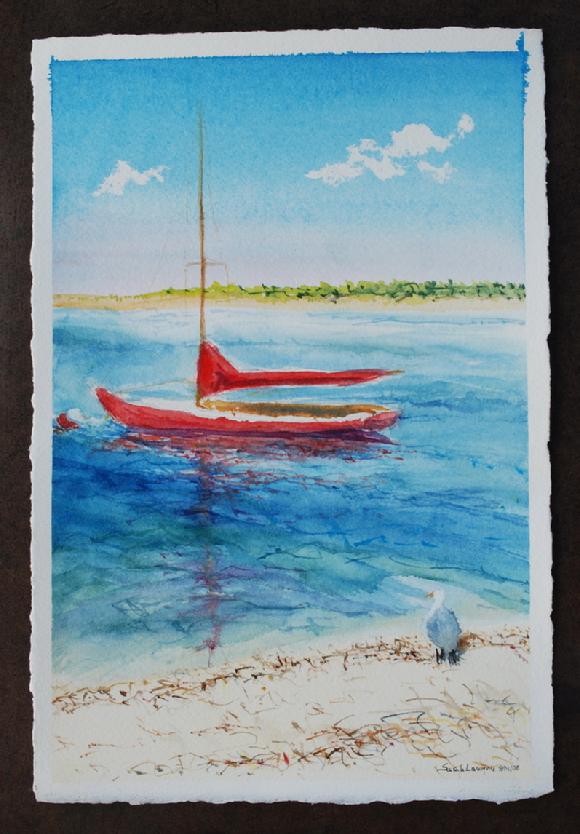 red sailboat off nantucket island watercolor painting by sarah laurence